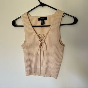 Forever 21 - Cream Cropped Ribbed Tank Top with Low V Cross Tie Details - Small